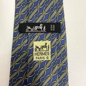 Hermes Men's Tie Equestrian Chain Links Blue & Olive Silk 947 IA 3.25" x 56.5"